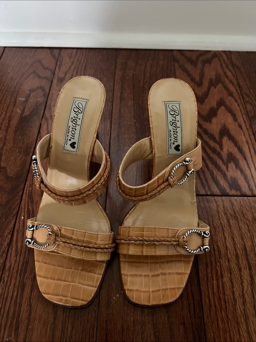 Brighton Cognac Braided Leather Mule Heels with Silver Buckles